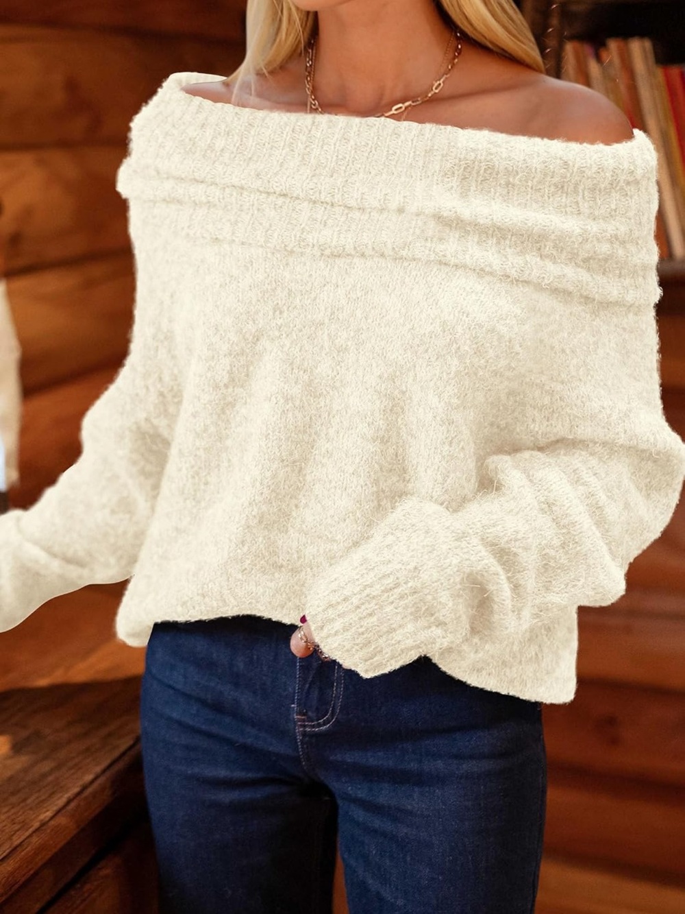 Off-Shoulder Cozy Knit Sweater - Cream